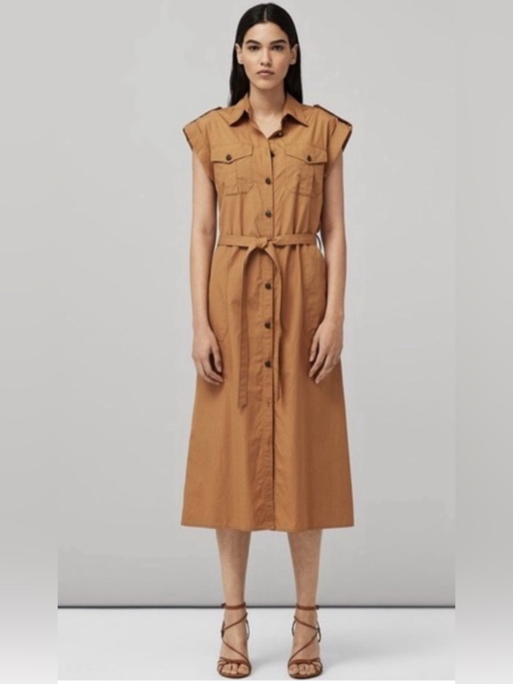 rag & bone Roxanne Dress, Midi, Button-Front in Camel/Tan, Size XS